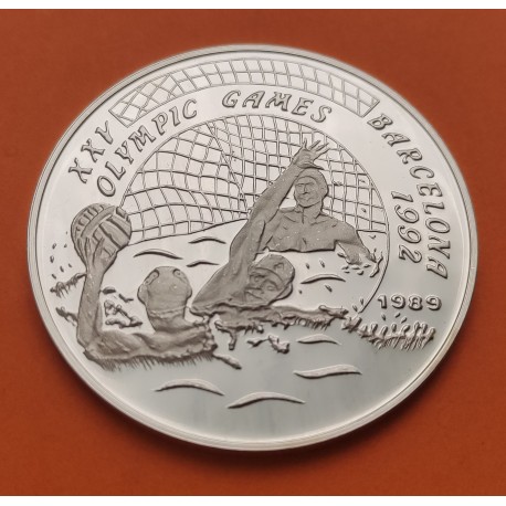 LAOS 50 KIP 1989 WATERPOLO OLIMPIADA DE BARCELONA 1992 KM.36 MONEDA DE PLATA PROOF Lao's People's Democratic Republic