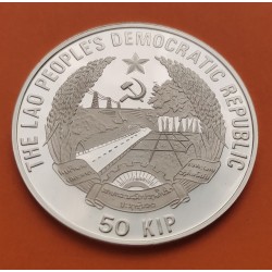 LAOS 50 KIP 1989 WATERPOLO OLIMPIADA DE BARCELONA 1992 KM.36 MONEDA DE PLATA PROOF Lao's People's Democratic Republic