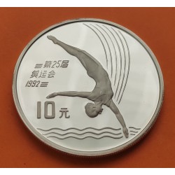 CHINA 10 YUAN 1990 SALTO DE TRAMPOLIN OLIMPIADA BARCELONA 1992 KM.301 MONEDA DE PLATA PROOF