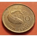 SEYCHELLES 10 CENTAVOS 1982 PEZ YELLOWFIN TUNA y REINA ISABEL II KM.48 MONEDA DE LATON EBC 10 Rupees