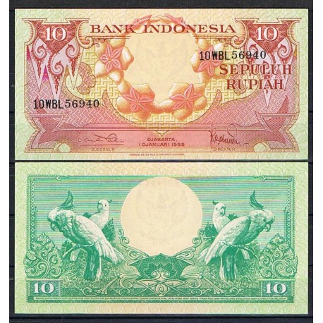 INDONESIA 10 RUPIAS 1959 ORLA FLORAL y COTORRAS Pick 66 BILLETE SC 10 Rupiah UNC BANKNOTE