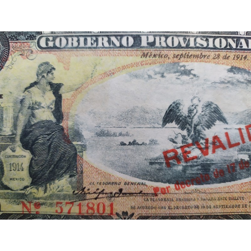 MEXICO 100 PESOS 1914 GOBIERNO PROVISIONAL @REVALIDADO EN TINTA ROJA@ Pick 708 BILLETE MBC+ Mejico BANKNOTE