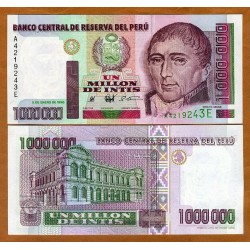 PERU 1000000 INTIS 1990 HIPOLITO UNANUE - HIPER INFLACIÓN Pick 148 BILLETE SC 1 Millón de Intis UNC BANKNOTE