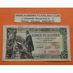 ESPAÑA 5 PESETAS 1945 CRISTOBAL COLON Serie A 700639 Pick 129 BILLETE MUY CIRCULADO Spain banknote