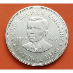 0,75 Onzas x FILIPINAS 1 PESO 1963 ANDRES BONIFACIO NATIONAL HERO KM.193 MONEDA DE PLATA silver coin Philippines