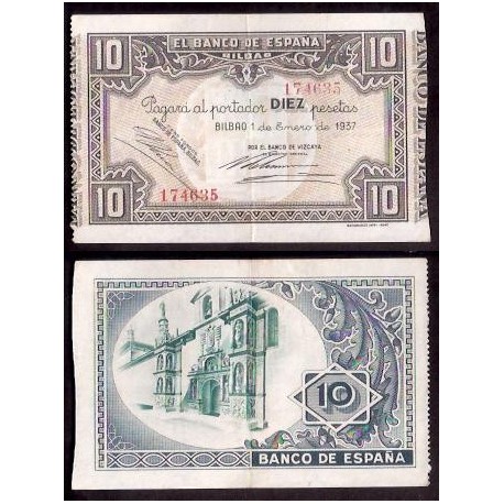 1937 EUSKADI 10 PESETAS BANCO de VIZCAYA EBC+ 209671 BILBAO