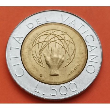 VATICANO 500 LIRAS 1983 BOLA DEL MUNDO MANO y PAPA JUAN PABLO II KM.218 MONEDA BIMETALICA SC- 500 Lire