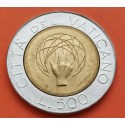 VATICANO 500 LIRAS 1983 BOLA DEL MUNDO MANO y PAPA JUAN PABLO II KM.218 MONEDA BIMETALICA SC- 500 Lire