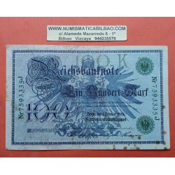 1 billete x ALEMANIA 100 MARCOS 1908 IMPERIO con AGUILA EN SELLO VERDE Pick 34 MBC+ @MANCHAS@ Germany 100 Marks