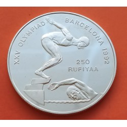 MALDIVAS 250 RUFIYAA 1990 NATACION OLIMPIADA BARCELONA 1992 KM.80 MONEDA DE PLATA PROOF Maldives silver SWIMMING