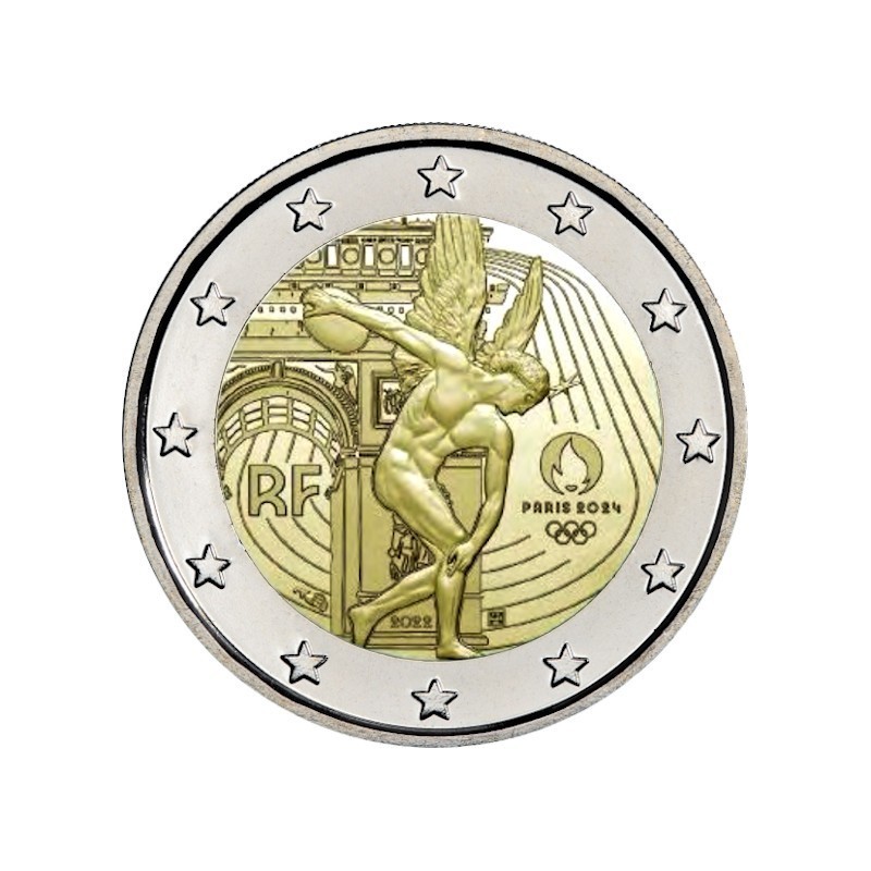 . 1 coin x FRANCIA 2 EUROS 2022 OLIMPIADA DE PARIS 2024 DISCOBOLO 2ª MONEDA CONMEMORATIVA SC 1 COINCARD al azar