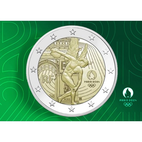 . 1 coincard FRANCIA 2 EUROS 2022 OLIMPIADA DE PARIS 2024 DISCOBOLO 2ª MONEDA CONMEMORATIVA SC color al azar