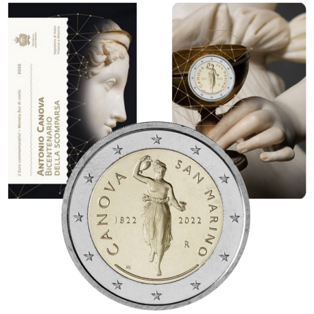 . 1 acoin SAN MARINO 2 EUROS 2022 PINTOR ANTONIO CANOVA SC 2ª MONEDA CONMEMORATIVA ESTUCHE