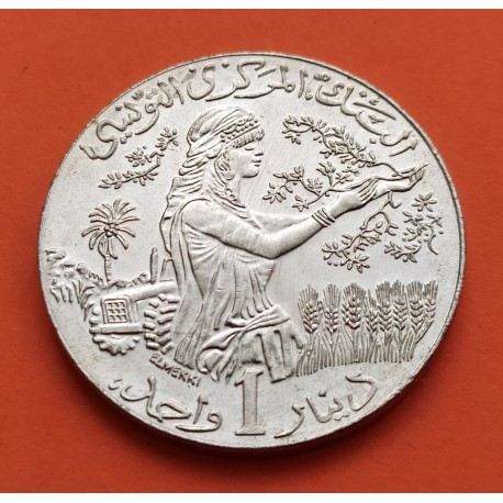 TUNEZ 1 DINAR 1997 MUJER RECOLECTANDO FRUTA y TRACTOR KM.347 MONEDA DE NICKEL SC Tunisia