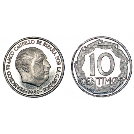 SPAIN 10 CENTIMOS 1959 FRANCISCO FRANCO PROOF ALUMINIUM