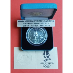 FRANCIA 100 FRANCOS 1989 HOCKEY SOBRE HIELO OLIMPIADA DE ALBERTVILLE 1992 KM.993 MONEDA DE PLATA PROOF ESTUCHE y CERTIFICADO
