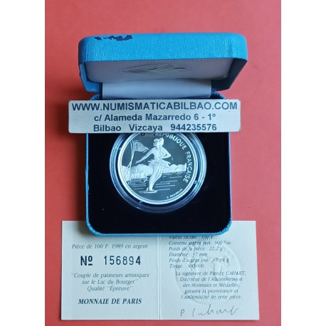 FRANCIA 100 FRANCOS 1989 PATINAJE ARTISTICO OLIMPIADA DE ALBERTVILLE 1992 KM.971 MONEDA DE PLATA PROOF ESTUCHE y CERTIFICADO