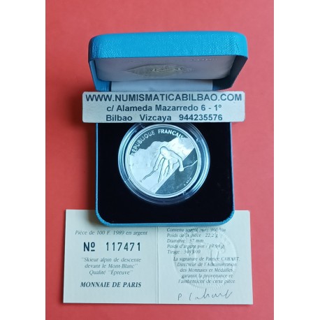 FRANCIA 100 FRANCOS 1989 DESCENSO DEL MONTBLANC OLIMPIADA DE ALBERTVILLE 1992 KM.991 MONEDA DE PLATA PROOF ESTUCHE y CERTIFICADO