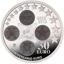 ESPAÑA 30 EUROS 2012 X ANIVERSARIO DEL EURO MONEDA DE PLATA CONMEMORATIVA Edición Limitada SC EN BOLSA ORIGINAL DEL BANCO