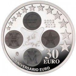 .ESPAÑA 30€ EUROS 2012 X ANIVERSARIO DEL EURO PLATA SC