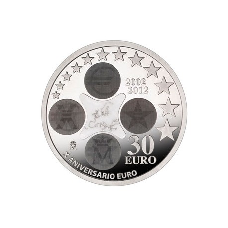 ESPAÑA 30 EUROS 2012 X ANIVERSARIO DEL EURO MONEDA DE PLATA CONMEMORATIVA Edición Limitada SC EN BOLSA ORIGINAL DEL BANCO