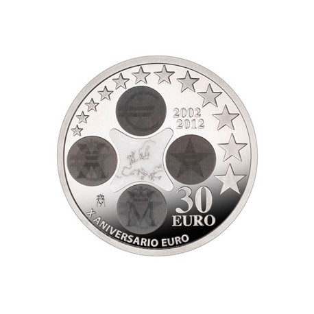 .ESPAÑA 30€ EUROS 2012 X ANIVERSARIO DEL EURO PLATA SC