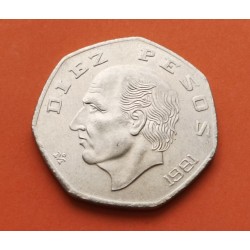 MEXICO 10 PESOS 1981 MIGUEL HIDALGO KM.477.2 MONEDA DE NICKEL SC- FORMA HEPTAGONAL Mejico Mexiko coin