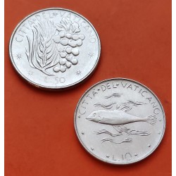 2 monedas x VATICANO 10 LIRAS 1977 PEZ + 50 LIRAS 1977 UVAS ESCUDO DEL PAPA PABLO VI KM.119+121 ACERO SC-