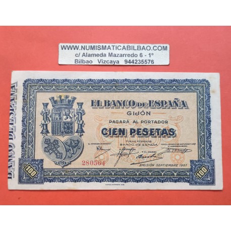 ESPAÑA 100 PESETAS 1937 BANCO DE ESPAÑA GIJON ASTURIAS Sin Serie 280564 Pick S.580 BILLETE MBC+ Marcada doblez GUERRA CIVIL