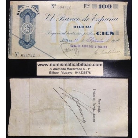 BILBAO 100 PESETAS 1936 CAJA DE AHORROS VIZCAINA 094732 EUZKADI