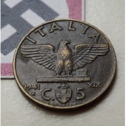 ITALIA 5 CENTESIMI 1941 Año XIX AGUILA y REY KM.73A MONEDA DE BRONZITAL Italy III REICH OCUPACION NAZI WWII