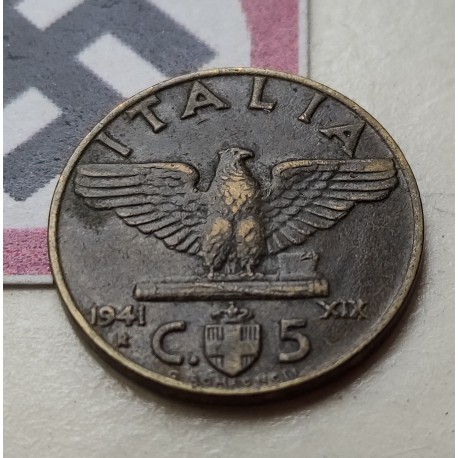 ITALIA 5 CENTESIMI 1941 Año XIX AGUILA y REY KM.73A MONEDA DE BRONZITAL Italy III REICH OCUPACION NAZI WWII