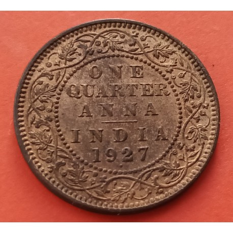 INDIA 1/4 ANNA 1927 Ceca de BOMBAY Rey JORGE V BUSTO KM.512 MONEDA DE BRONCE SC- PATINA One Quarter BRITISH