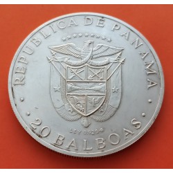3,90 ONZAS x PANAMA 20 BALBOAS 1973 SIMON BOLIVAR KM.31 MONEDA DE PLATA @CAPSULA y LIMPIADA@ silver OZ