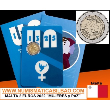 . 1 coin @25/NOV. ENVIO@ MALTA 2 EUROS 2022 MUJERES, PAZ y SEGURIDAD @RARA 53.000 uds@ 1ª MONEDA CONMEMORATIVA