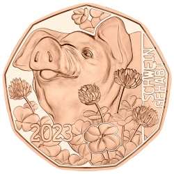 . 1 coin AUSTRIA 5 EUROS 2023 CERDITO - LA FELICIDAD DE AÑO NUEVO MONEDA DE COBRE SC Osterreich coin