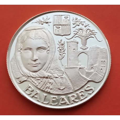 1 Onza x BALEARES MEDALLA DE PLATA PURA 1990 aprox. DAMA y ESCUDOS REGIONALES 45 mm SC Leves Imperfecciones