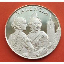 1 Onza x VALENCIA MEDALLA DE PLATA PURA 1990 aprox. DAMA y ESCUDOS REGIONALES 45 mm SC Leves Imperfecciones