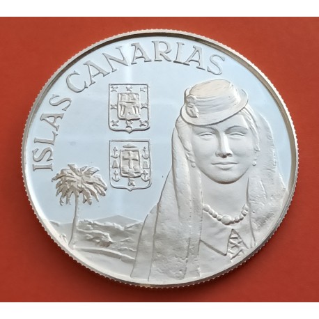1 Onza x CANARIAS MEDALLA DE PLATA PURA 1990 aprox. DAMA y ESCUDOS REGIONALES 45 mm SC Leves Imperfecciones