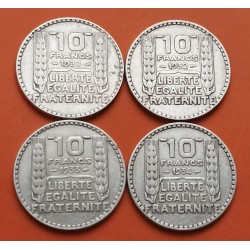 4 monedas x FRANCIA 10 FRANCOS 1930 + 1932 + 1933 + 1934 Ceca de TURIN KM.878 PLATA MBC+ France Silver 10 Francs