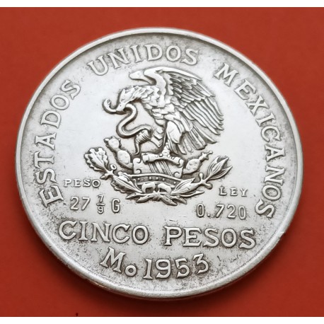 MEXICO 5 PESOS 1953 BUSTO DE HIDALGO KM.467 MONEDA DE PLATA MBC Manchitas Mejico silver coin