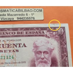 ESPAÑA 50 PESETAS 1951 SANTIAGO RUSIÑOL Sin Serie 5121124 Pick 141 BILLETE MBC+ ROTURA 2mm. Spain banknote