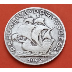 PORTUGAL 5 ESCUDOS 1942 CARABELA KM.581 MONEDA DE PLATA MBC República Portuguesa silver coin WWII