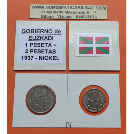 GOBIERNO DE EUZKADI 1 PESETA 1937 + 2 PESETAS 1937 DAMA MONEDAS DE NICKEL GUERRA CIVIL EUSKADI BILBAO R/1 MBC-