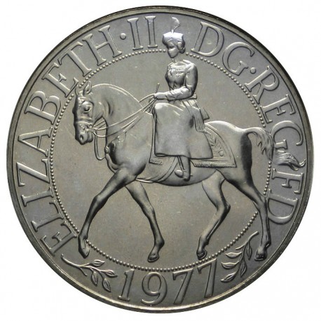 INGLATERRA 25 PENIQUES 1977 JUBILEO DE ISABEL II A CABALLO KM.920 MONEDA DE NICKEL SC- UK 25 Pence Silver Jubilee