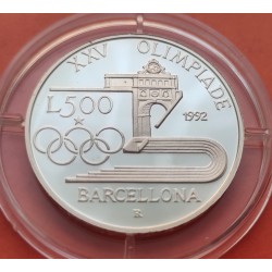 ITALIA 500 LIRAS 1992 OLIMPIADA DE BARCELONA y ESTADIO KM.153 MONEDA DE PLATA PROOF ESTUCHE Italy 500 Lire silver