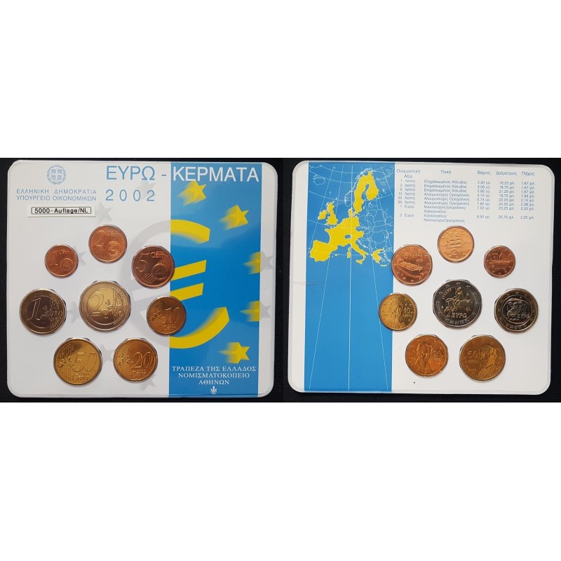 GRECIA CARTERA OFICIAL EUROS 2002 SC 1+2+5+10+20+50 CENTIMOS 1 EURO + 2 EUROS 2002 BU SET KMS PRIMER AÑO DE EMISION@