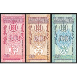 3 billetes x MONGOLIA 10 + 20 + 50 MONGO 1993 ESCUDO DEL PAIS Pick 49-50-51 SC UNC BANKNOTES