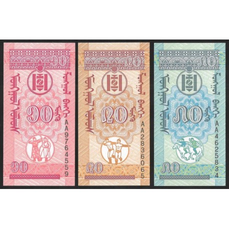 3 billetes x MONGOLIA 10 + 20 + 50 MONGO 1993 ESCUDO DEL PAIS Pick 49-50-51 SC UNC BANKNOTES