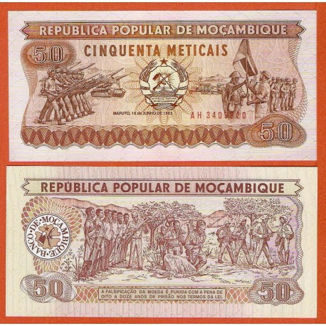 MOZAMBIQUE 50 METICAIS 1986 EJERCITO DESFILANDO Pick 129B BILLETE SC Mocambique UNC BANKNOTE